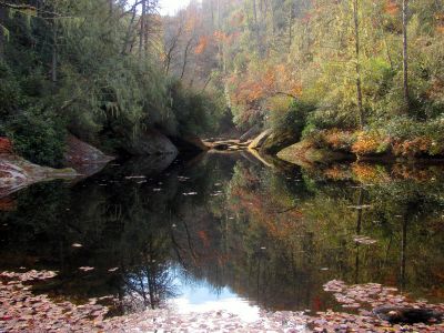 First view of the lower entrance to Bonas Defeat gorge. You either swim this deep and large pool or climb up and over some very rough terrain to get to where it narrows.
