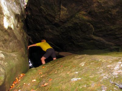John deep within the lower end of the Little Rat Crack during a photo session 
