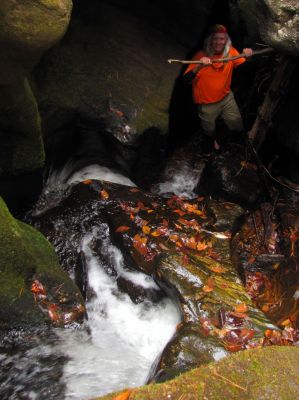 badger at the base of the new falls in the slot canyon. 
