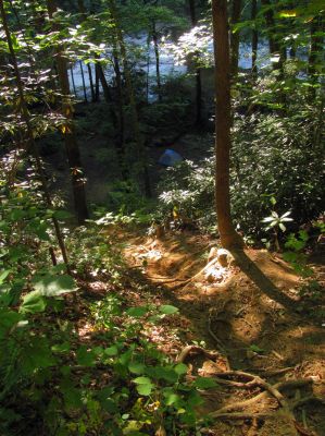 Looking down on our campsite below Harper Falls
