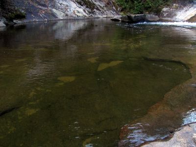 The ship rock and swimming hole at the cascades behind our campsite below Harper Falls
