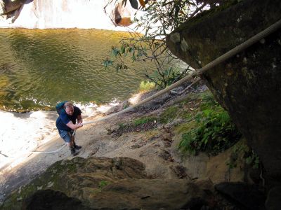RAT climbing the rope at Harper Falls

