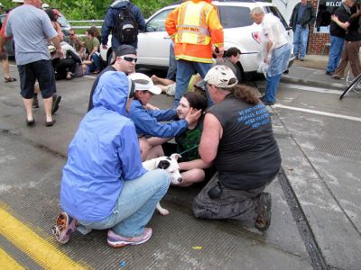 Car crashes hiker parade
My daughter and myself just after being hit by the car (thanks to Jan Liteshoe and the RN there for helping out) 
